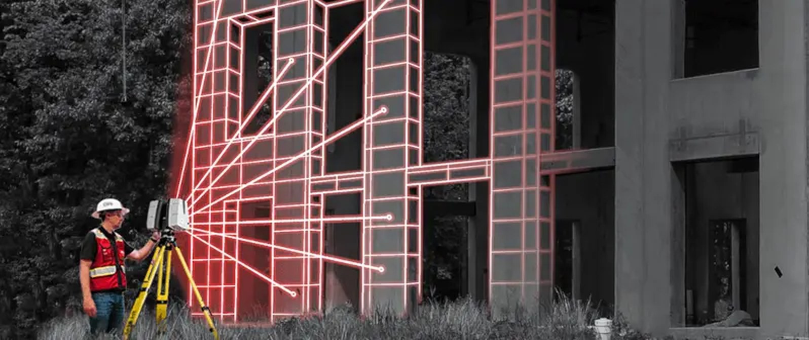 Opérateur réalisant un relevé laser 3D d’une structure en béton, faisceaux de mesure visibles